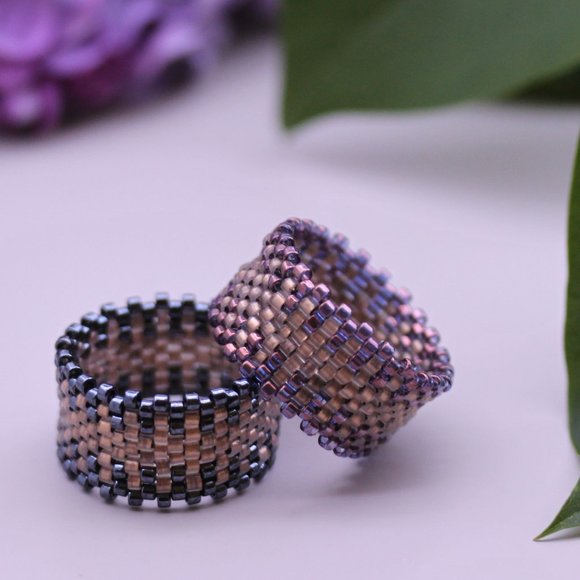 Designs by Leontina Jewelry - Handwoven Artisan Beaded Rings -  Wide Band Beaded Ring - New